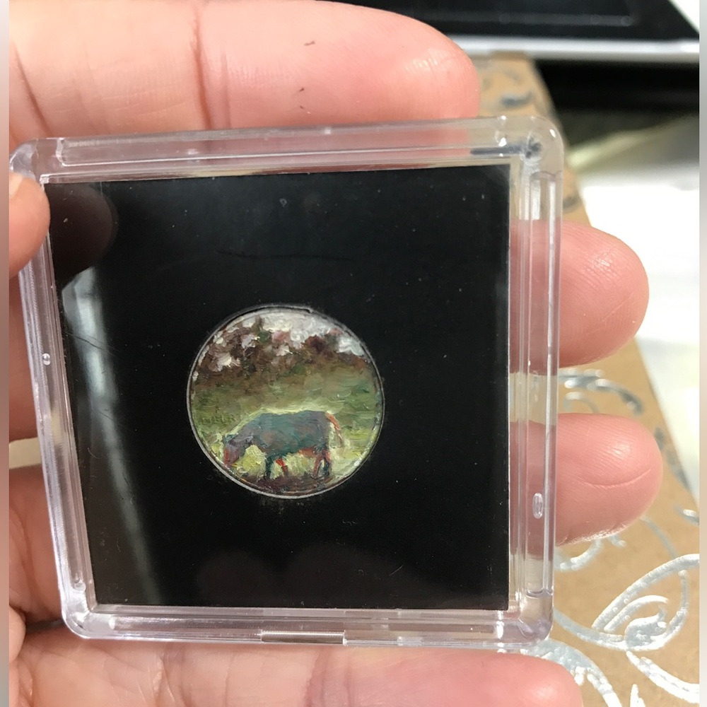 Original oil painting cow art collectible penny painting Ooak artist Artettina